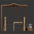 Vintage Wooden Street Stall Structure With Rustic Countertop Bench And Small Object On Stump