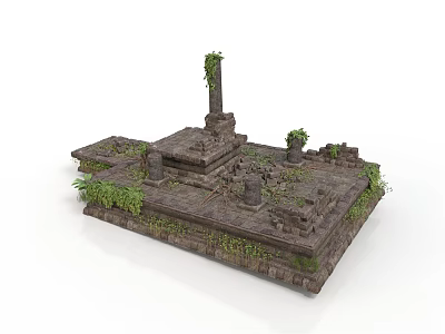 Ancient Stone Ruins with Tall Pillar and Green Vines on Platform 3d model