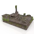 Ancient Stone Ruins with Tall Pillar and Green Vines on Platform