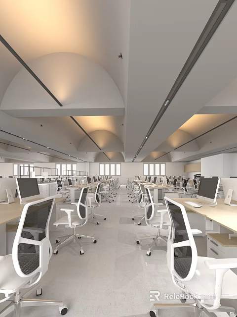 Modern Open Office Interior With White Desks Computers Pendant Lights And Arched Ceilings 3d model