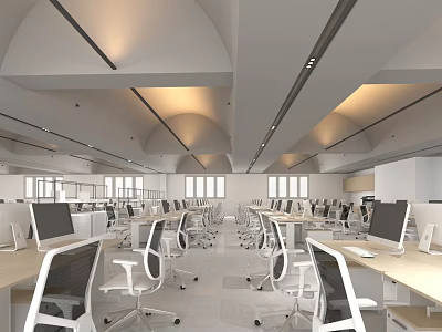 Modern Open Office Interior With White Desks Computers Pendant Lights And Arched Ceilings 3d model