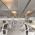 Modern Open Office Interior With White Desks Computers Pendant Lights And Arched Ceilings 3d model