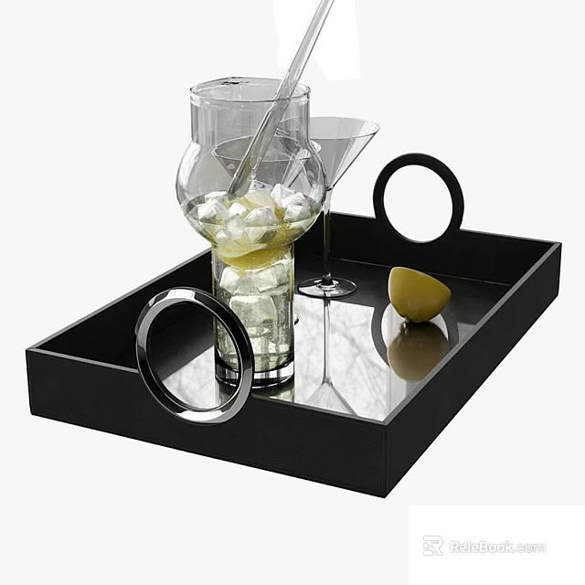 Refreshing Cocktail Drink in Glass with Ice Cubes and Lemon on Black Tray with Martini Glass 3d model 