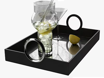 Refreshing Cocktail Drink in Glass with Ice Cubes and Lemon on Black Tray with Martini Glass 3d model