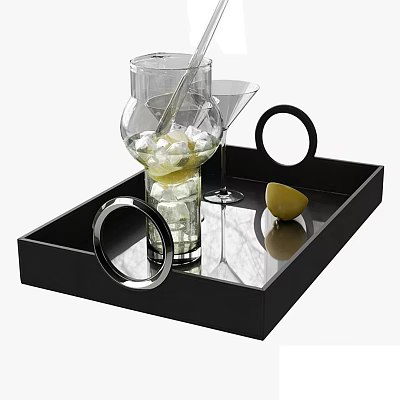 Refreshing Cocktail Drink in Glass with Ice Cubes and Lemon on Black Tray with Martini Glass 3d model