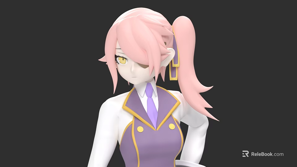 Woman With Pink Ponytail Yellow Eyes Purple Vest White Shirt Purple Tie Against Black Background 3d model 