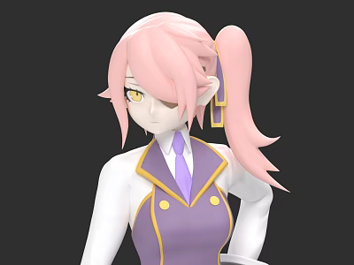 Woman With Pink Ponytail Yellow Eyes Purple Vest White Shirt Purple Tie Against Black Background 3d model