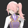 Woman With Pink Ponytail Yellow Eyes Purple Vest White Shirt Purple Tie Against Black Background