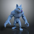 Blue Muscular Wolf Like Creature 3D Character With Yellow Eyes And Purple Nose Standing