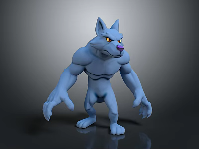 Blue Muscular Wolf Like Creature 3D Character With Yellow Eyes And Purple Nose Standing 3d model