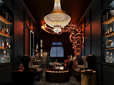 Modern Bar Interior With Dark Paneled Walls Crystal Chandelier Liquor Shelves And Armchairs 3d model