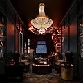 Modern Bar Interior With Dark Paneled Walls Crystal Chandelier Liquor Shelves And Armchairs