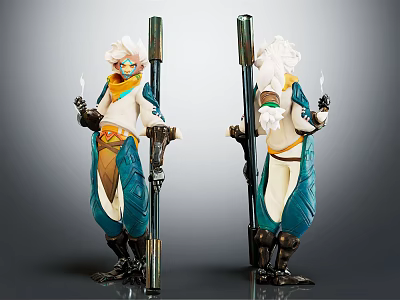 Fantasy Mythical Character With White Hair Blue White Outfit Holding Staff And Candle 3d model