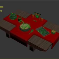 Traditional Chinese Dining Table Setup With Red Tablecloth Teapot Wok And Chopsticks