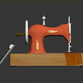 Vintage Red Sewing Machine On Wooden Base With Orange Fabric