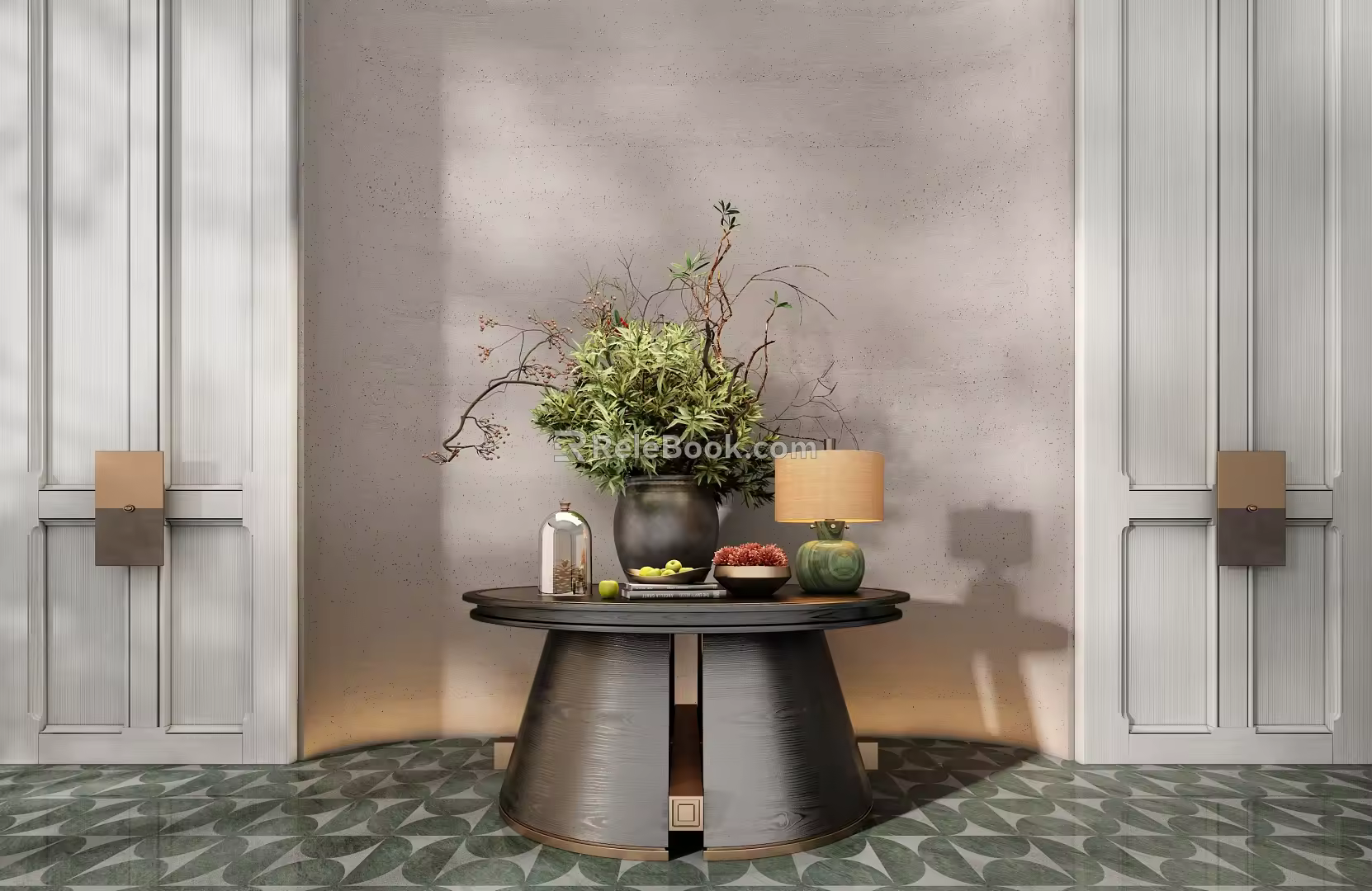 CCD Hotel End View Table Ornaments Floriculture Moss Combination Table Entrance Cabinet Table Lamp Potted Plant 3d model
