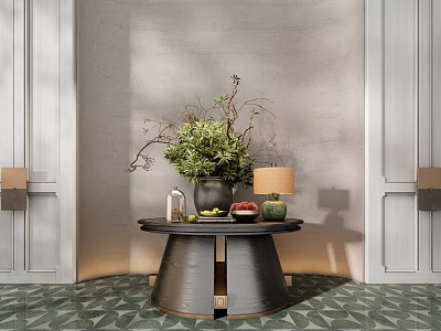 Green Bonsai Plant on Round Metal Table with Small Pumpkins Glass Bottle and Lamp Against Light Gray Wall and White Doors 3d model