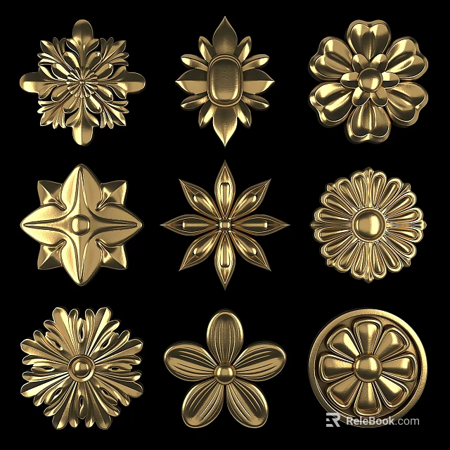Various Golden Flower Shaped Decorative Ornaments Featuring Intricate Patterns 3d model