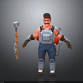 3D Character With Cap Red Shirt Mechanical Arms Metal Vest Overalls And Large Hammer