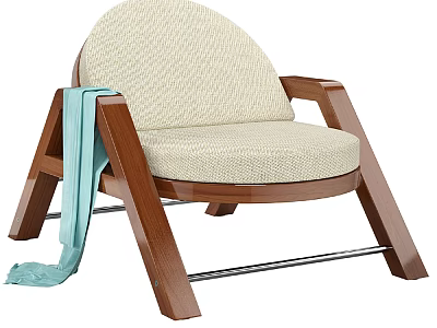Modern Lounge Chair With Wooden Frame Beige Cushion And Light Blue Towel On Armrest 3d model