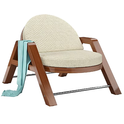 Modern Lounge Chair With Wooden Frame Beige Cushion And Light Blue Towel On Armrest 3d model