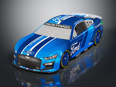 Blue Ford Mustang Race Car With Aerodynamic Design And Racing Stripes 3d model