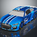 Blue Ford Mustang Race Car With Aerodynamic Design And Racing Stripes