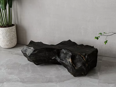 Black Stone Sculpture Carving Featuring Irregular Shape Textured Surface White Potted Plant Gray Wall Floor 3d model
