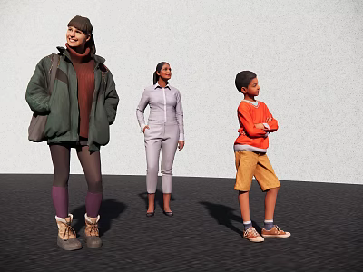 A Woman in Light Gray Jumpsuit Standing With Adult And Child Against Light Wall Dark Floor 3d model