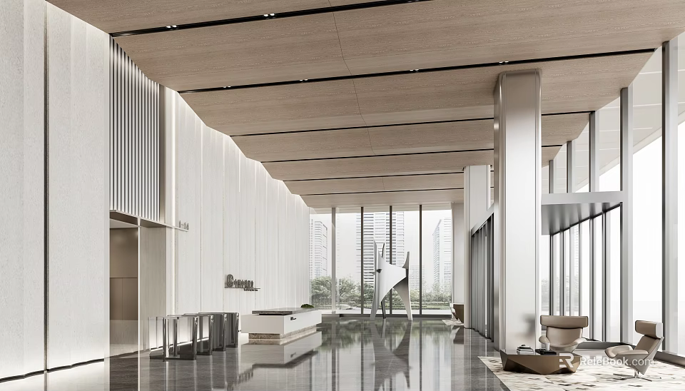 Modern Front Desk Lobby With White Walls Wooden Ceiling Large Windows And Black Marble Floors 3d model 
