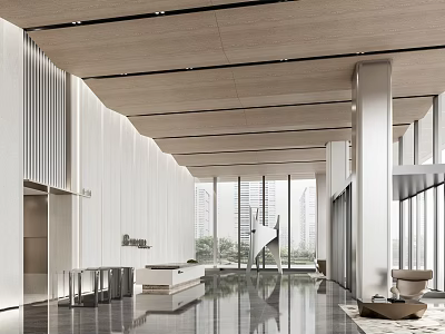 Modern Front Desk Lobby With White Walls Wooden Ceiling Large Windows And Black Marble Floors 3d model