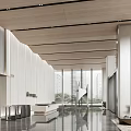 Modern Front Desk Lobby With White Walls Wooden Ceiling Large Windows And Black Marble Floors