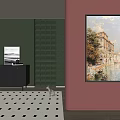 Elegant Living Room Interior Dark Green Red Walls Black Cabinet Vase Cat Checkered Floor
