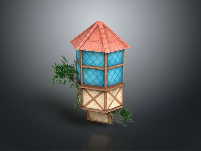 Medieval Style Tower With Red Tiled Roof Blue Lattice Windows And Climbing Plants 3d model