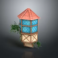 Medieval Style Tower With Red Tiled Roof Blue Lattice Windows And Climbing Plants