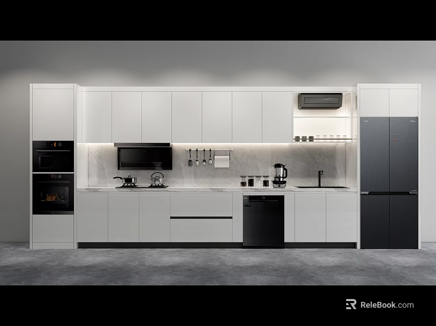Modern Kitchen Interior With White Cabinets Countertop Built In Oven And Refrigerator 3d model 