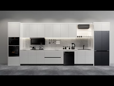 Modern Kitchen Interior With White Cabinets Countertop Built In Oven And Refrigerator 3d model