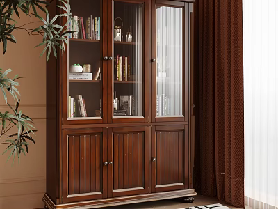 Wooden Bookcase With Glass Doors Holding Books And Decorative Items Indoor With Plants And Curtains 3d model