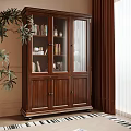 Wooden Bookcase With Glass Doors Holding Books And Decorative Items Indoor With Plants And Curtains