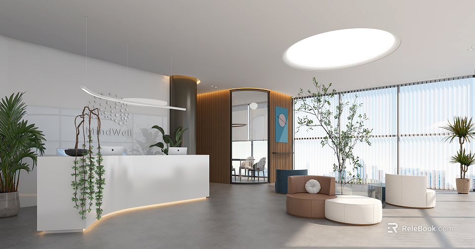 Modern Minimalist Reception Area With White Curved Desk Green Plants Wooden Elements And Large Windows 3d model 