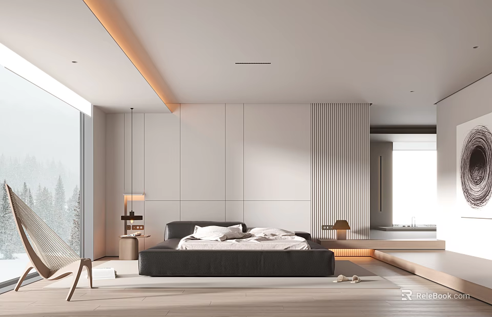 Modern Minimalist Bedroom Interior With Large Window Gray Wall Black Bed And Wooden Floor 3d model 