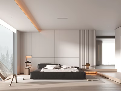 Modern Minimalist Bedroom Interior With Large Window Gray Wall Black Bed And Wooden Floor 3d model
