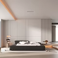 Modern Minimalist Bedroom Interior With Large Window Gray Wall Black Bed And Wooden Floor