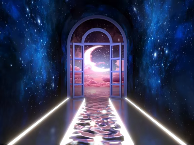 Starry Sky Photo Spot Featuring Arched Door Moon Pink Sky And Illuminated Ripple Corridor 3d model