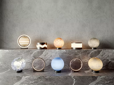 Modern Outdoor Lights With Various Spherical And Ring Shaped Designs On Marble Surface 3d model