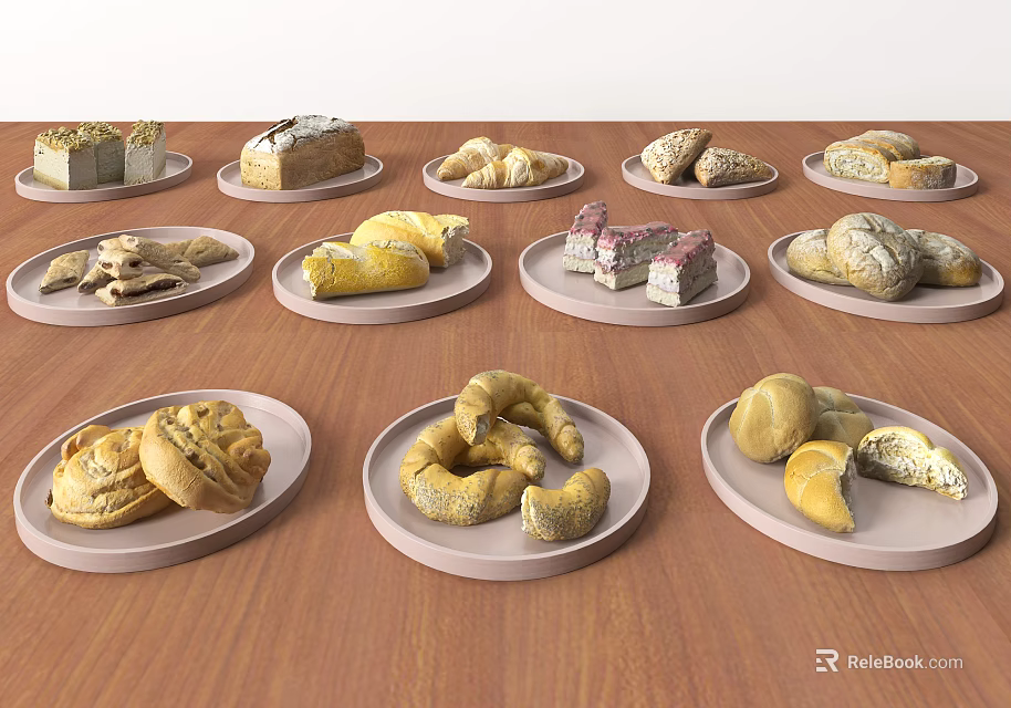 Assorted Bread and Pastries Plated on Wooden Table with Various Baked Goods 3d model 