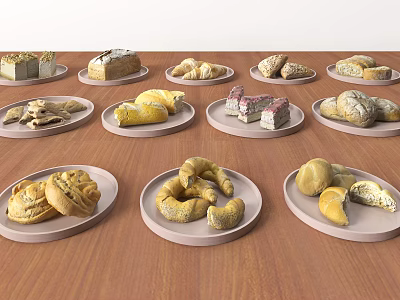 Assorted Bread and Pastries Plated on Wooden Table with Various Baked Goods 3d model