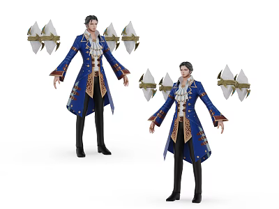 Game Movie Character In Blue Ornate Coat With Diamond Shaped Props 3d model