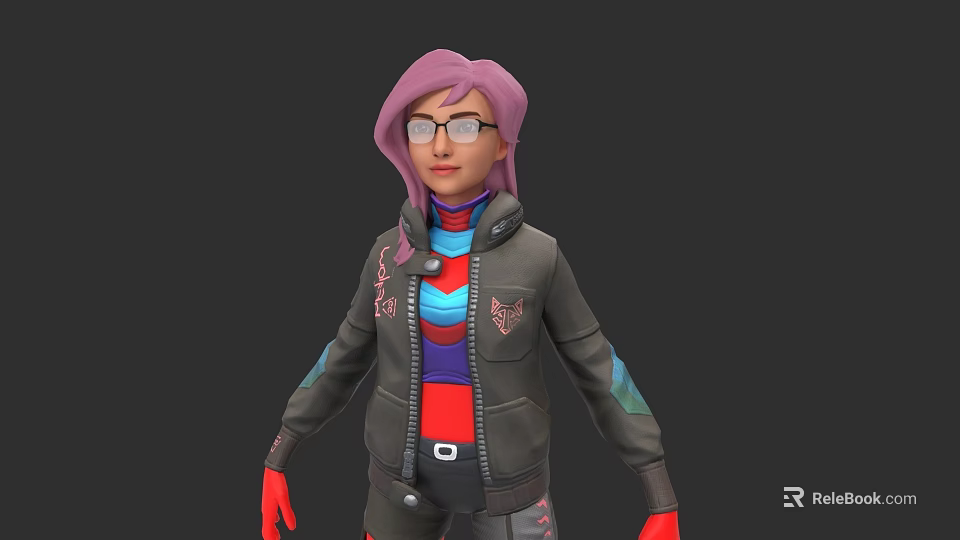 Woman With Purple Hair Wearing Glasses Black Jacket Colorful Stripes And Red Gloves 3d model 