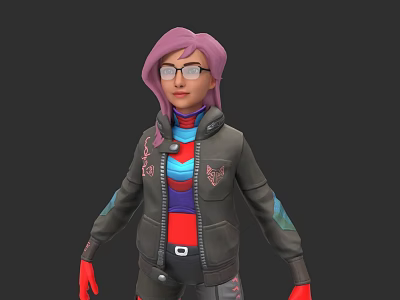 Woman With Purple Hair Wearing Glasses Black Jacket Colorful Stripes And Red Gloves 3d model